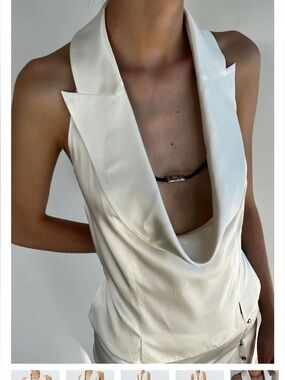 DESIGNER HANWEN Open-Back Peak-Lapel Ivory Draped Halter Top Brand New